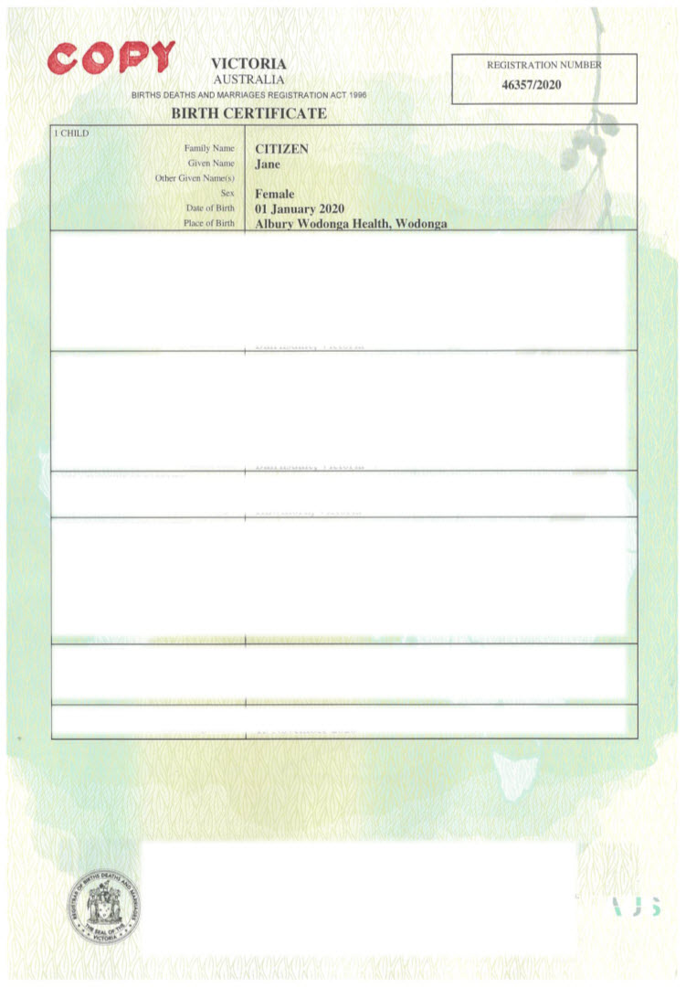 Birth certificate (Australian) Unique Student Identifier